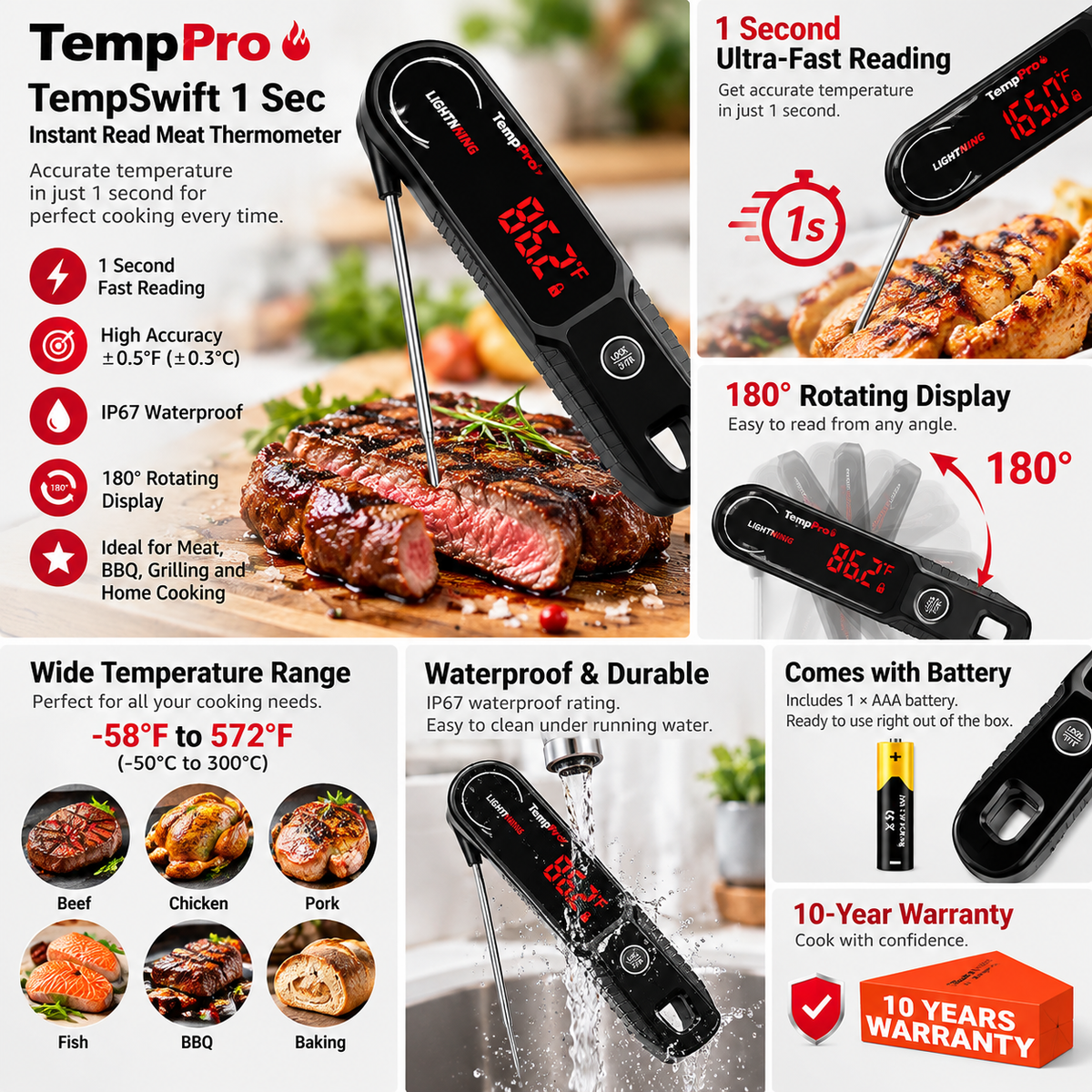 TempPro TempSwift Digital Meat Thermometer – 1-Second Instant Read, Waterproof, Rotating Display