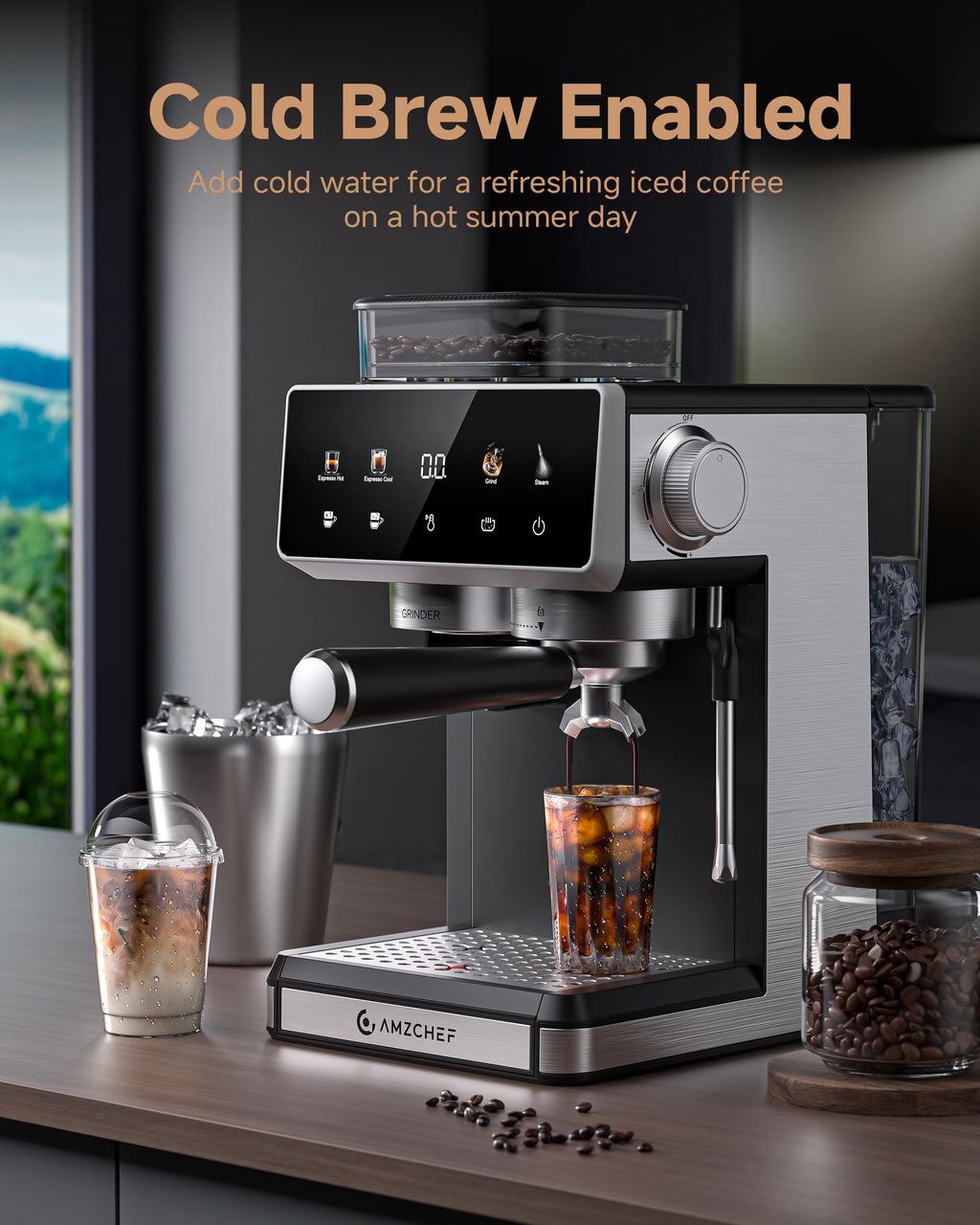 AMZCHEF 20 Bar Espresso Machine with Built-in Grinder, Black