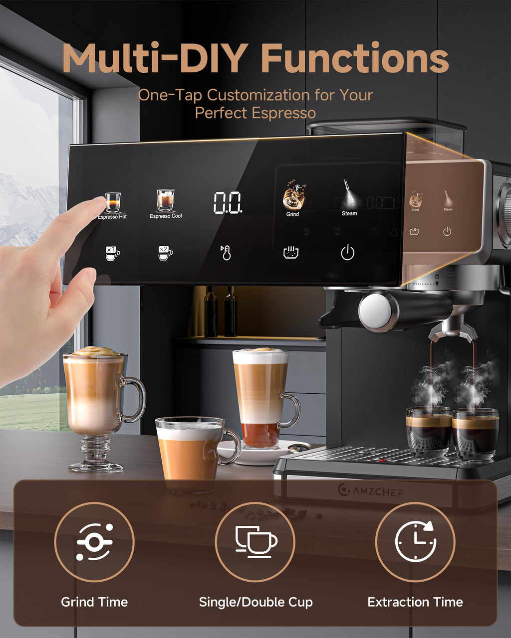 AMZCHEF 20 Bar Espresso Machine with Built-in Grinder, Black
