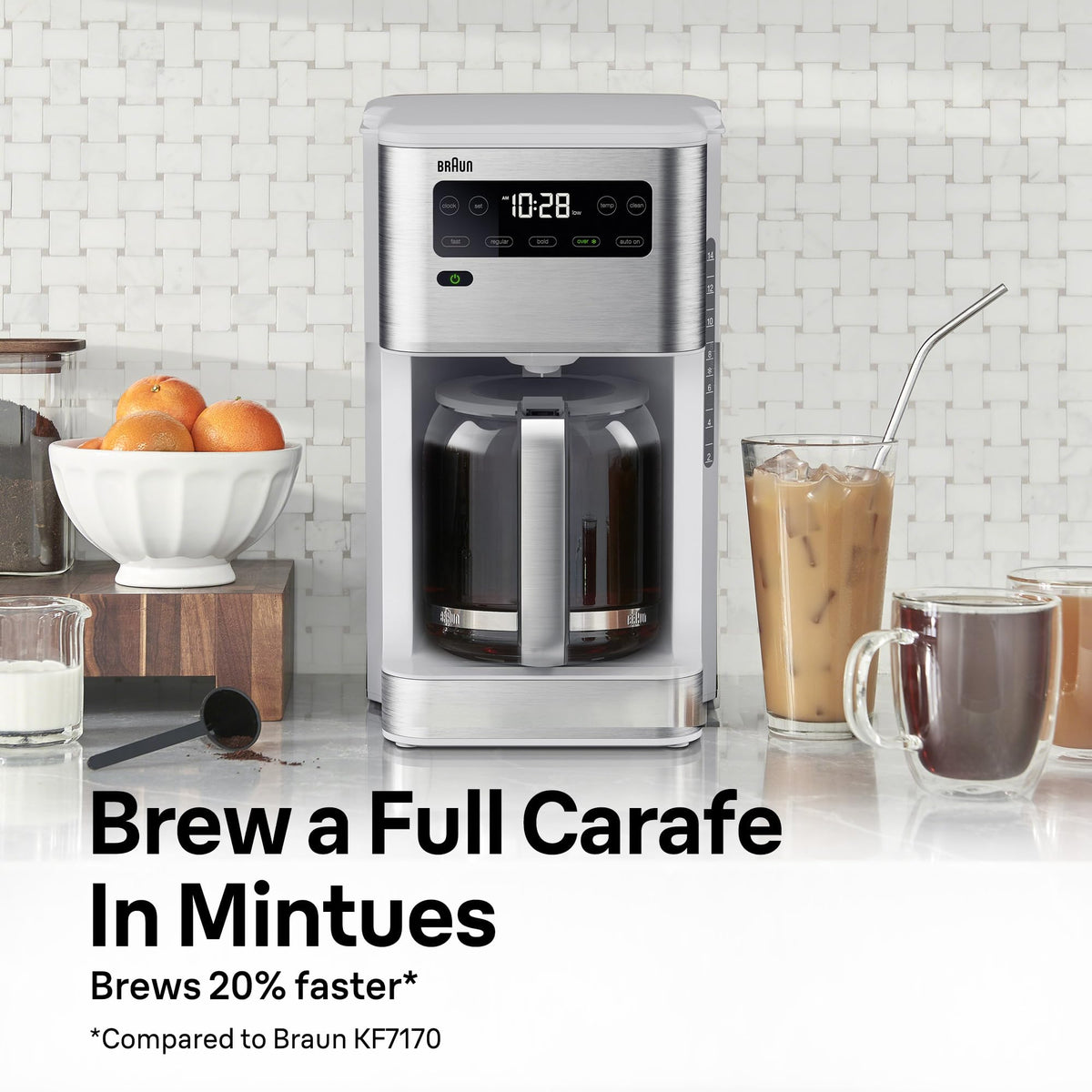 Braun PureFlavor 14‑Cup Programmable Coffee Maker – Fast Brew Speed, Touch Display, Bold & Brew‑Over‑Ice Modes, FlavorCarafe & Adjustable Warm Plate, White