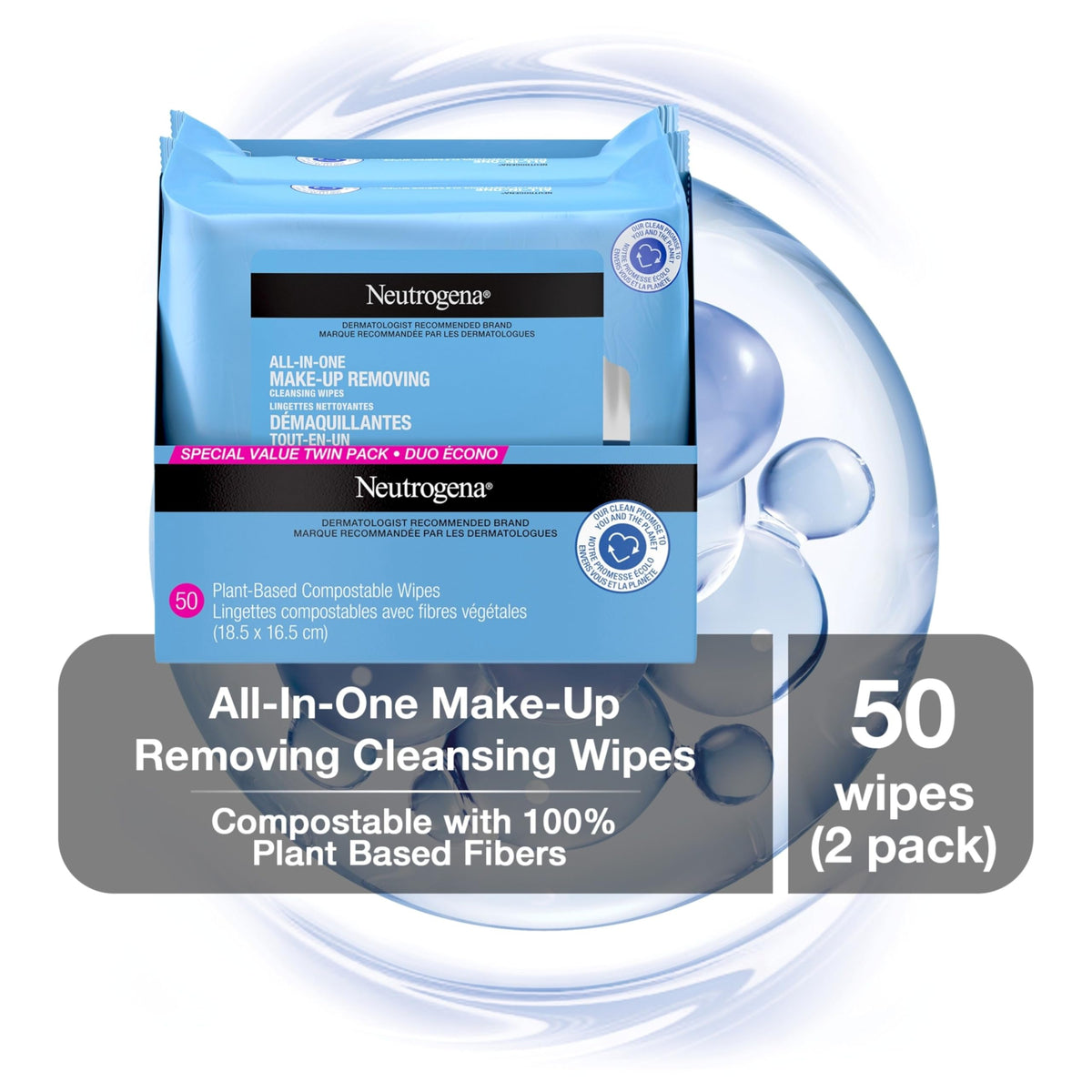 Neutrogena All-in-One Makeup Removing Cleansing Wipes, Twin Pack, 50 Count