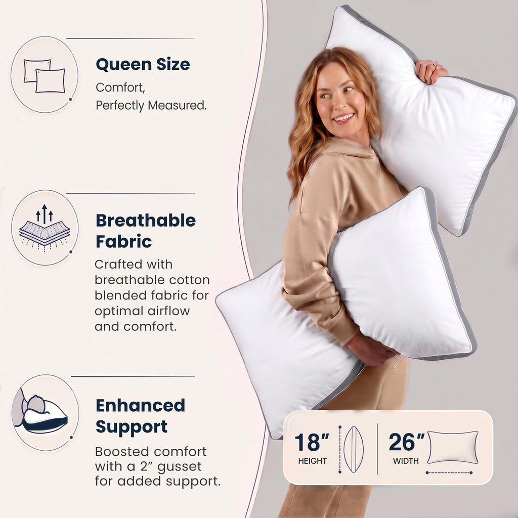Utopia Bedding Gusset Bed Pillow, Hotel Pillows Queen Size Set of 2, Grey