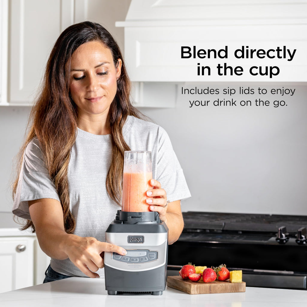 Ninja BL660C Professional Countertop Blender with 1100-Watt Base, 72 Oz Total Crushing Pitcher and (2) 16 Oz Cups for Frozen Drinks and Smoothies, Silver/Gray, 1100W, (Canadian Version)