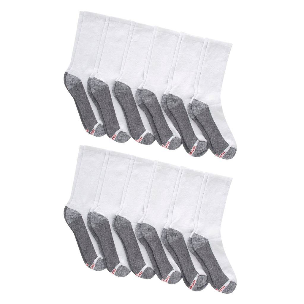 Hanes Men's Max Cushioned Crew Socks, Moisture-Wicking with Odor Control, Multi-Pack, White/Grey Foot Bottom - 12 Pack, 6-12