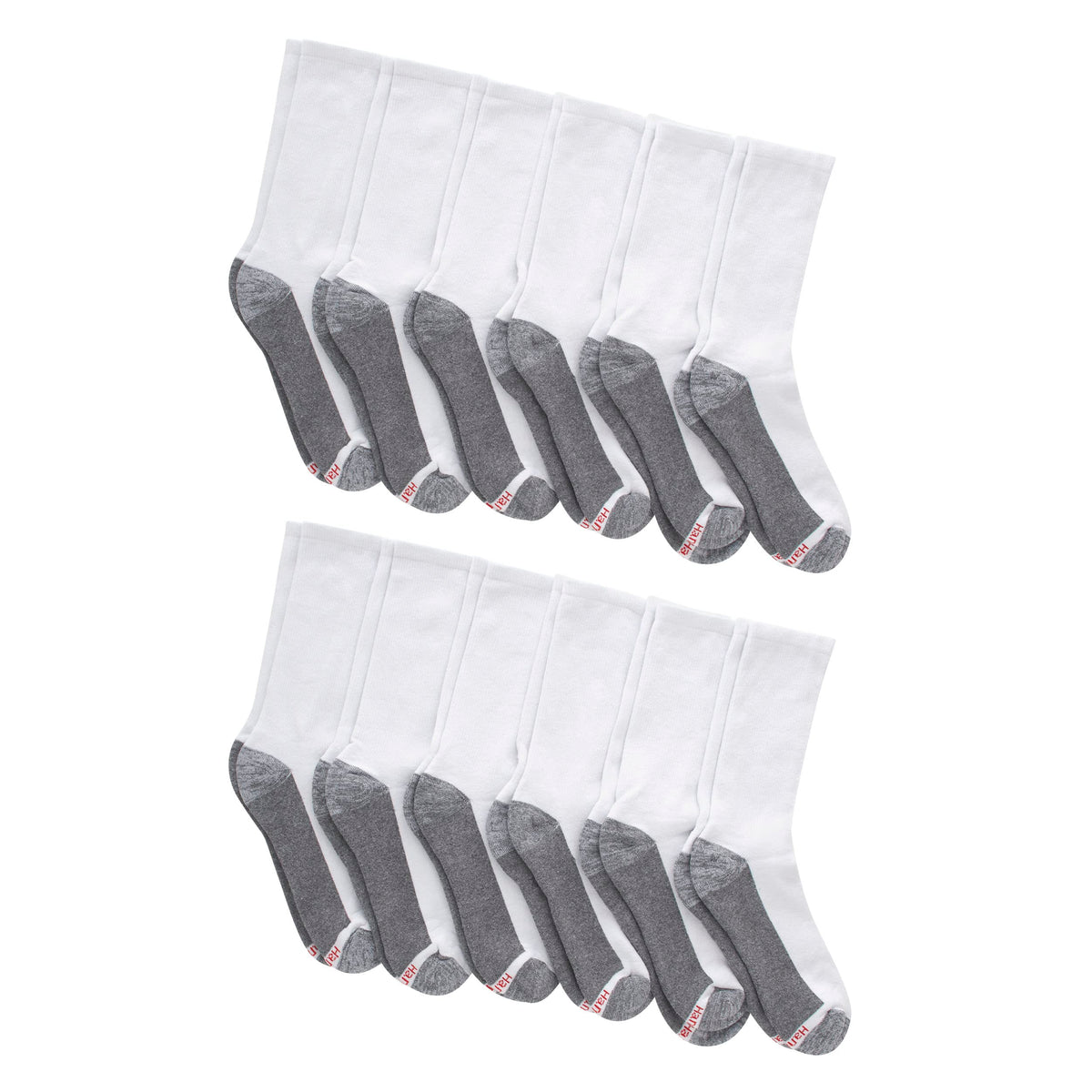 Hanes Men's Max Cushioned Crew Socks, Moisture-Wicking with Odor Control, Multi-Pack, White/Grey Foot Bottom - 12 Pack, 6-12