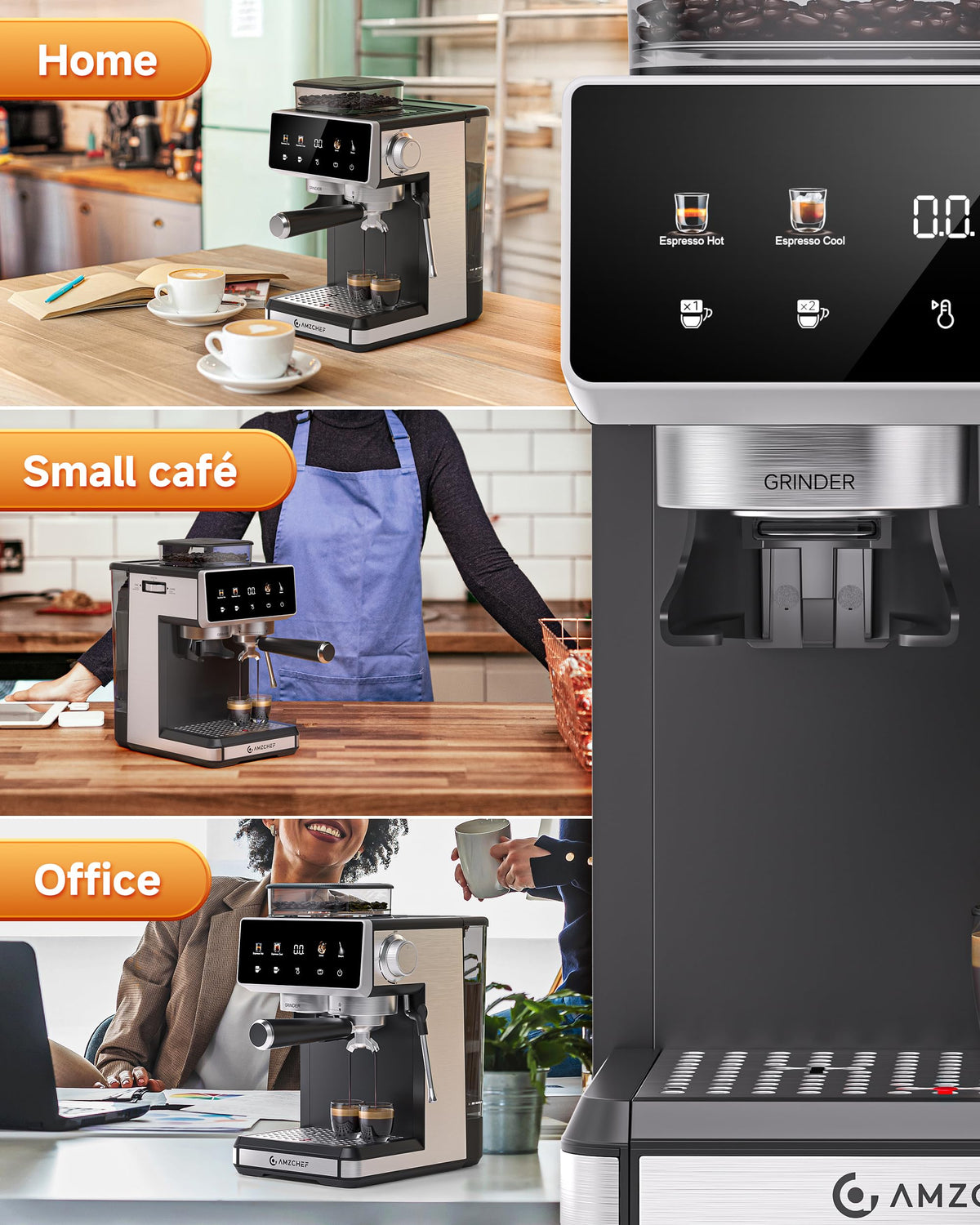 AMZCHEF 20 Bar Espresso Machine with Built-in Grinder, Black
