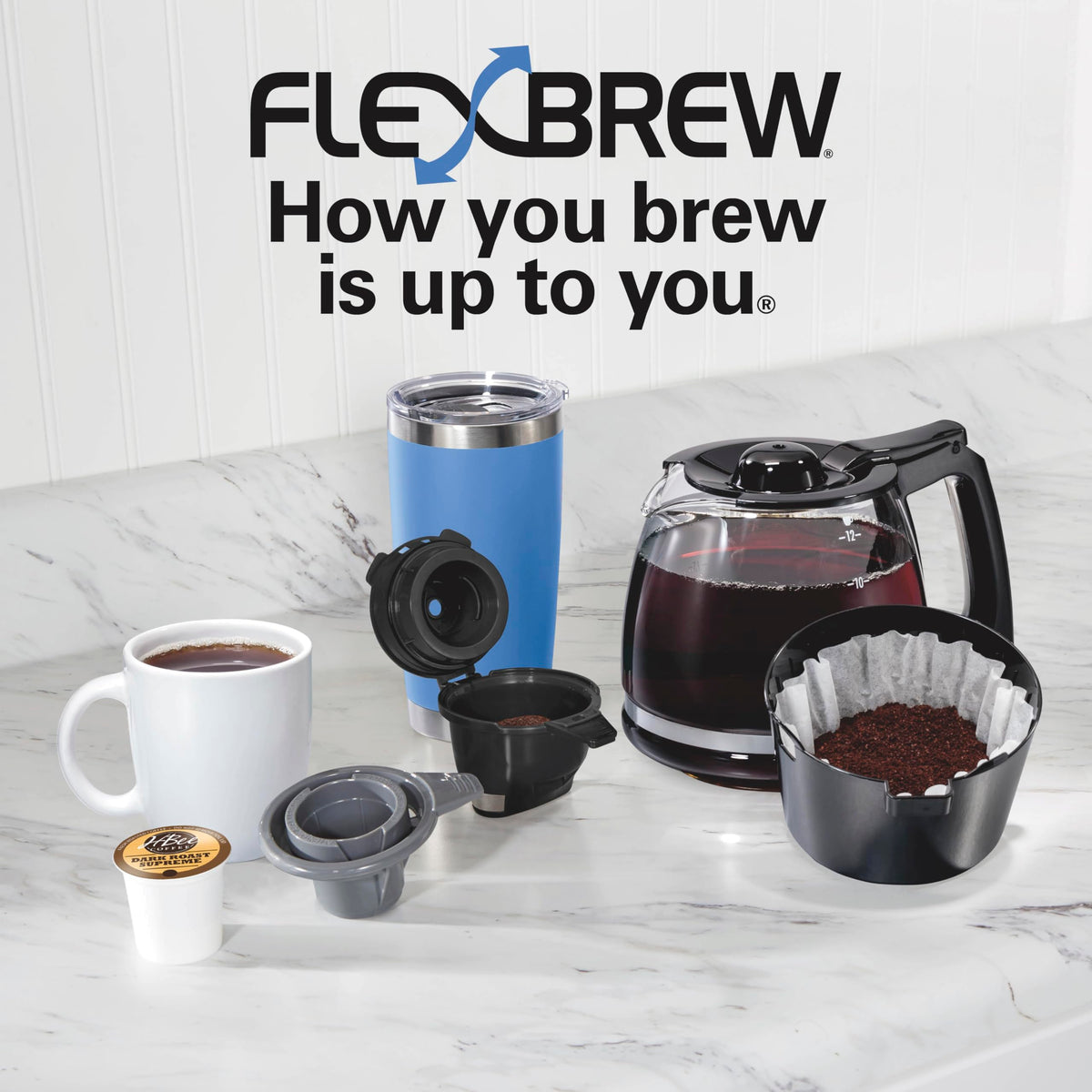 Hamilton Beach FlexBrew Trio 3-Way Coffee Maker, Single Serve & 12 Cup Drip Coffee Maker, Pod & Ground Coffee Compatible, Fast Brewing, Programmable, 56 oz Reservoir, Black (49902C)