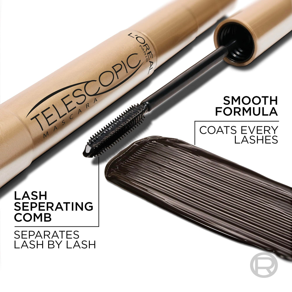 L’Oréal Paris Telescopic Mascara, Eyelash Lengthening Mascara, Unique Non-Clumping Formula, Delivers Intense Length, For Sensitive Eyes, Blackest Black, 8 ml