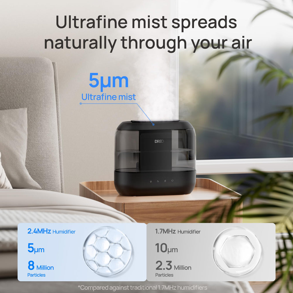 DREO Humidifiers for Bedroom 4L Top Fill Cool Wide Mist Outlet 36H Lasting