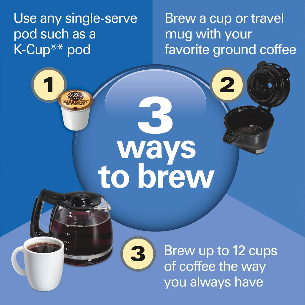 Hamilton Beach FlexBrew Trio 3-Way Coffee Maker, Single Serve & 12 Cup Drip Coffee Maker, Pod & Ground Coffee Compatible, Fast Brewing, Programmable, 56 oz Reservoir, Black (49902C)