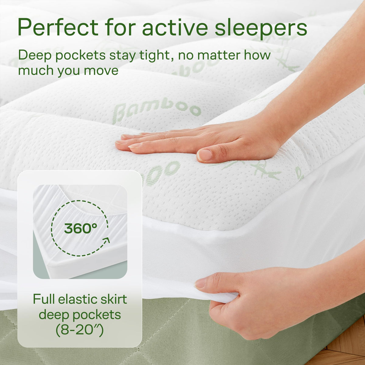 Bamboo Mattress Topper Queen Size - Thick Cooling Breathable Pillow Top Mattress Pad for Back Pain Relief - Deep Pocket Topper Fits 8-20 Inches (60x80 Inches, Green)