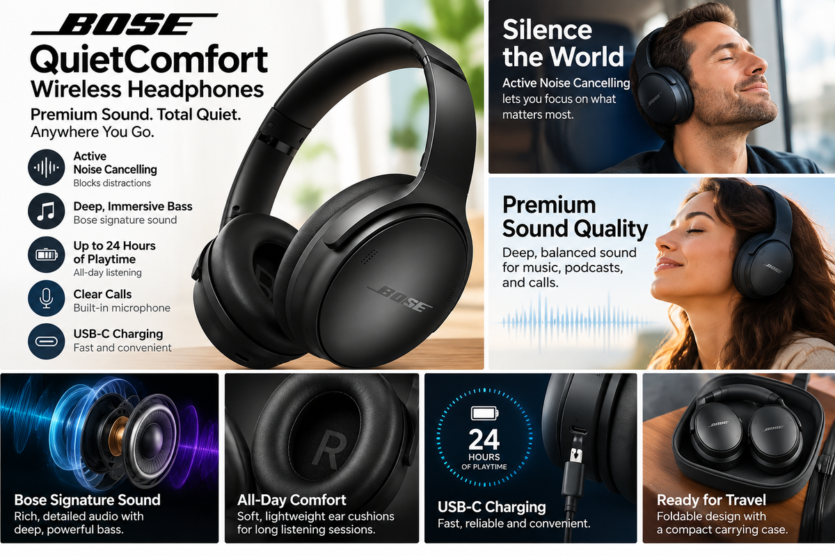 Bose QuietComfort Wireless Noise Cancelling Headphones – Bluetooth, USB-C, 24-Hour Battery, Black