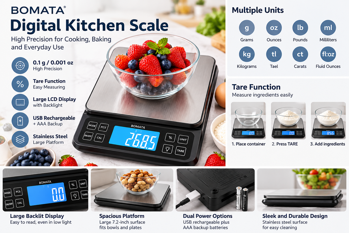 BOMATA Digital Kitchen Scale – 11 lb Capacity, 0.1 g Precision, USB Rechargeable