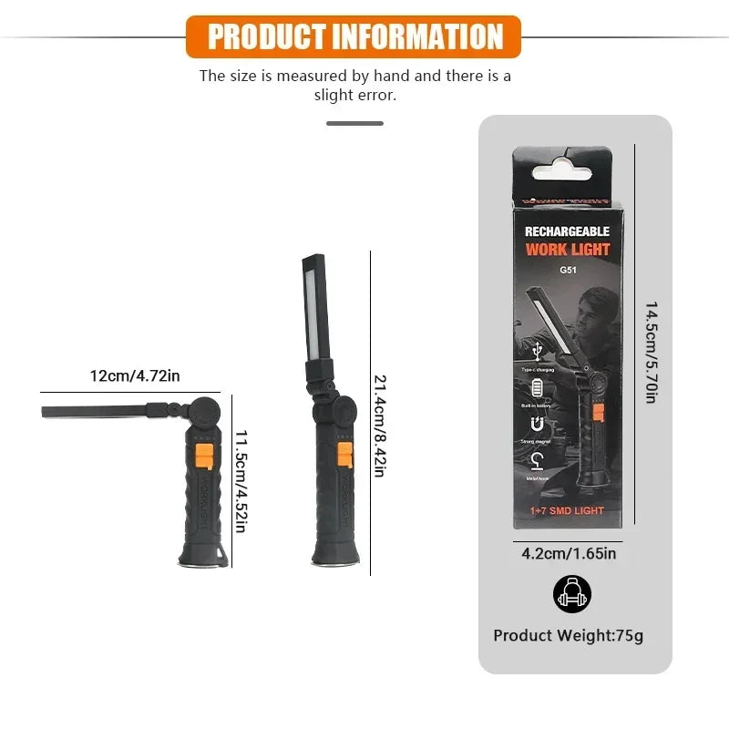 Rechargeable LED Flashlight Work Light- Magnetic & Adjustable