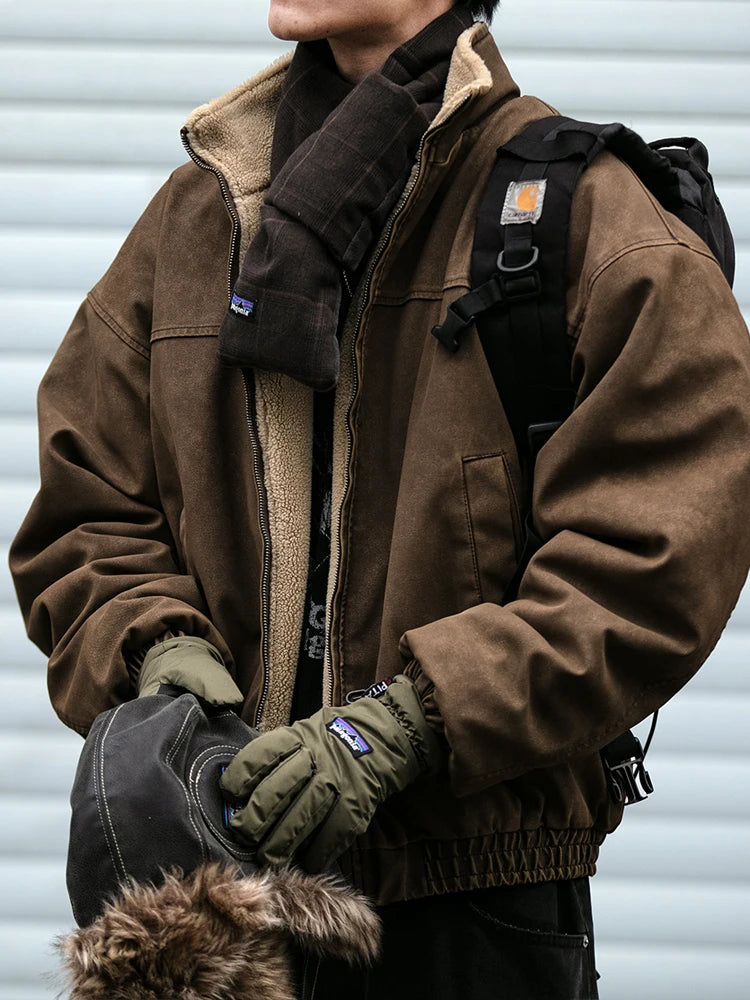 Winter Heavyweight Mens Jacket Japanese Vintage PU Coated Windproof Thick Fleece Lined Warm Distressed Streetwear Long Coat Male